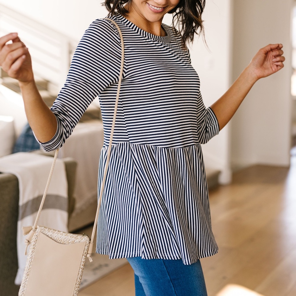 Mini Striped Babydoll Top In Navy - Picture 4 of 8